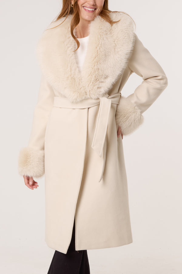 qed london Faux Fur Collar Belted Coat
