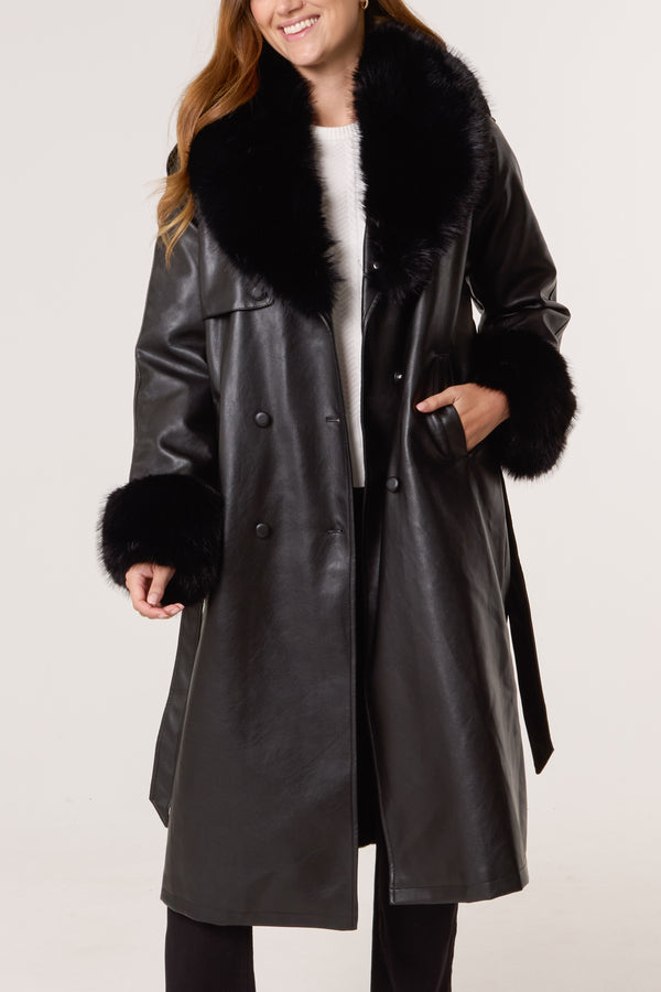 Qed London Faux Fur Cuff & Collar Pu Coat