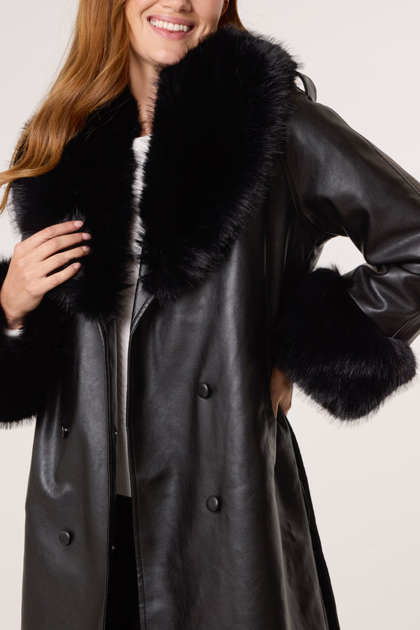 Qed London Faux Fur Cuff & Collar Pu Coat