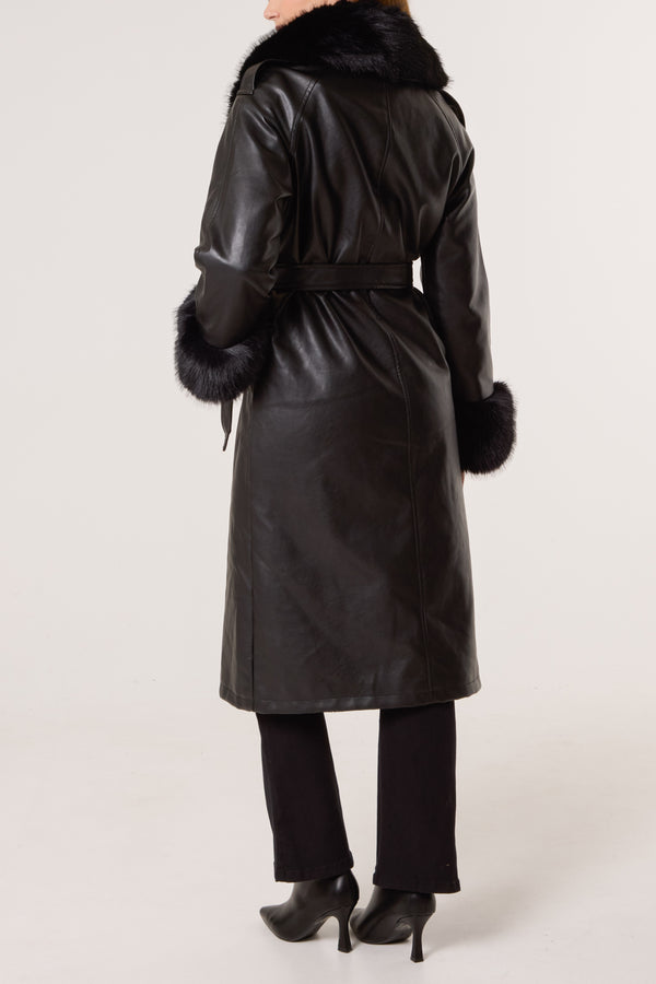 Qed London Faux Fur Cuff & Collar Pu Coat