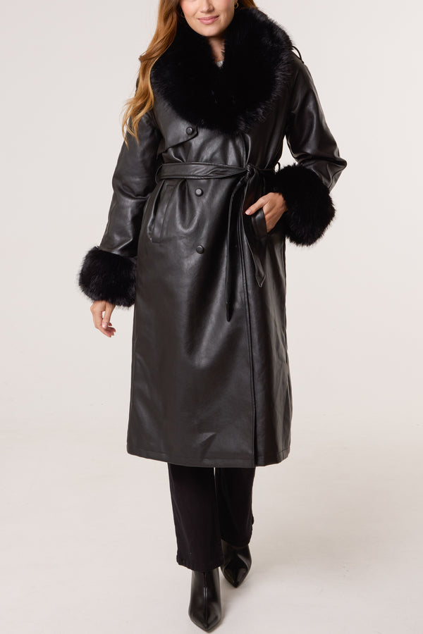 qed london Faux Fur Cuff & Collar Pu Coat