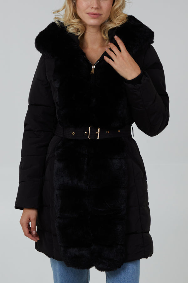 Qed London Faux Fur Horizontal Puffer Belted Coat