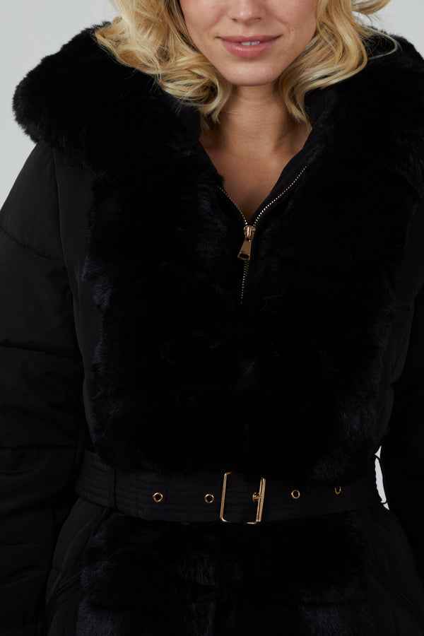 Qed London Faux Fur Horizontal Puffer Belted Coat