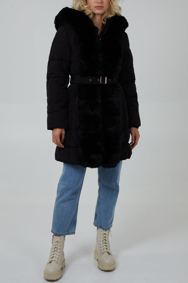 qed london Faux Fur Horizontal Puffer Belted Coat