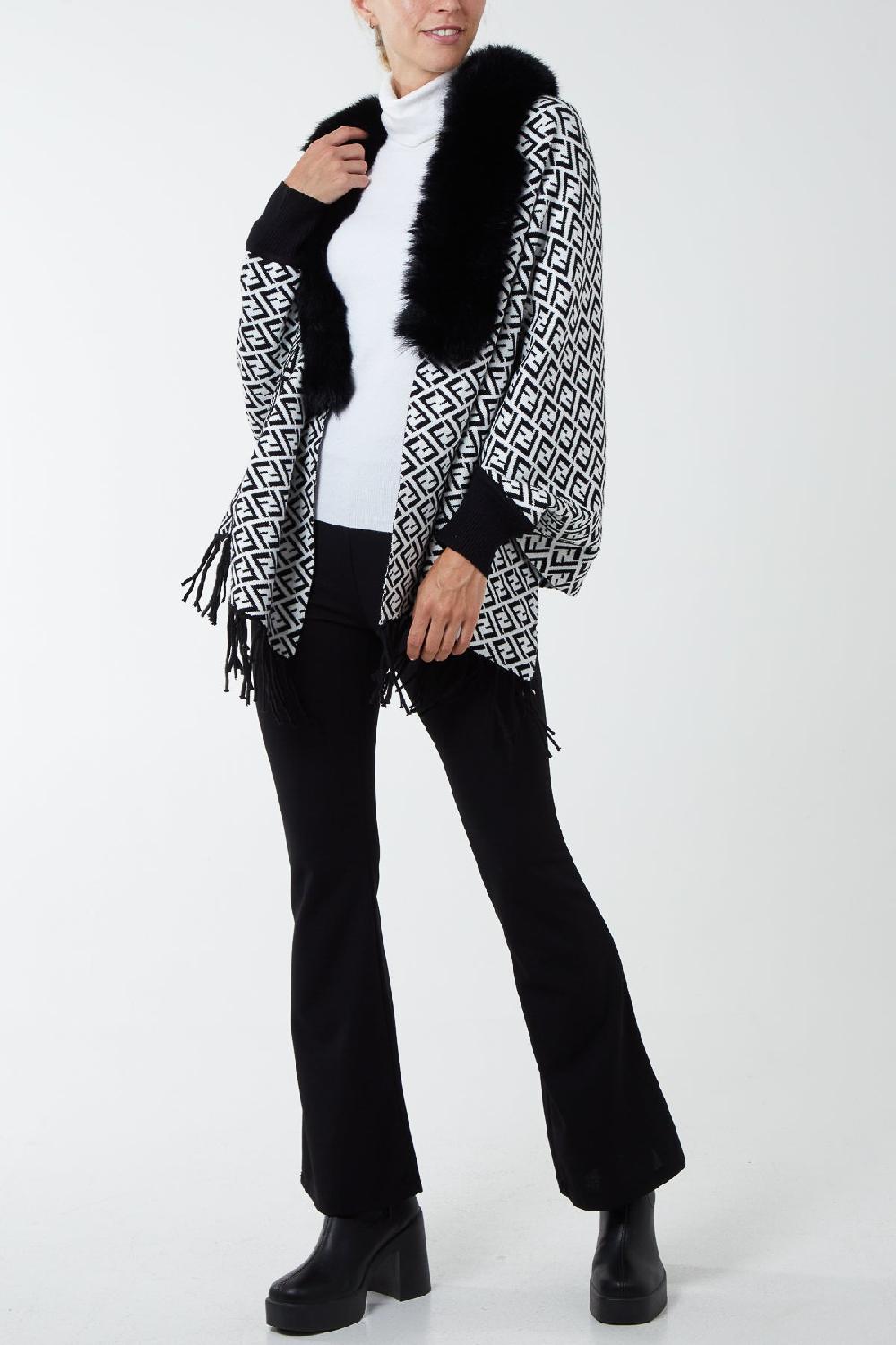 Qed London Faux Fur Lined Monogram Poncho