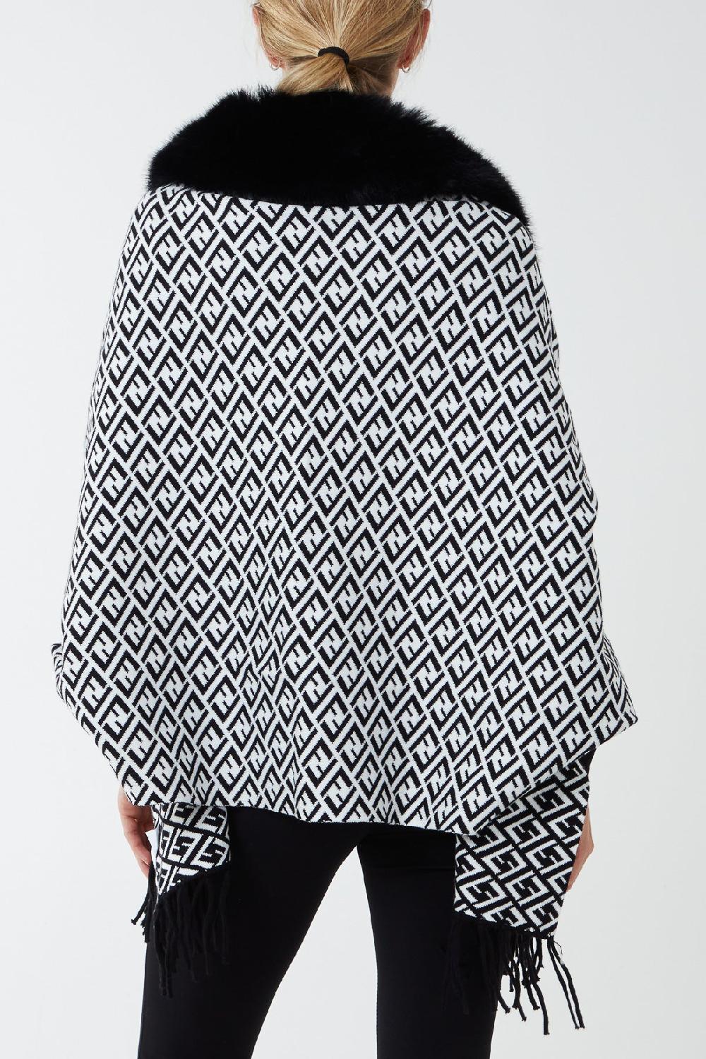 Qed London Faux Fur Lined Monogram Poncho