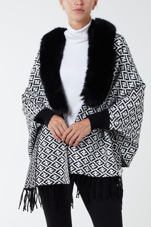qed london Faux Fur Lined Monogram Poncho
