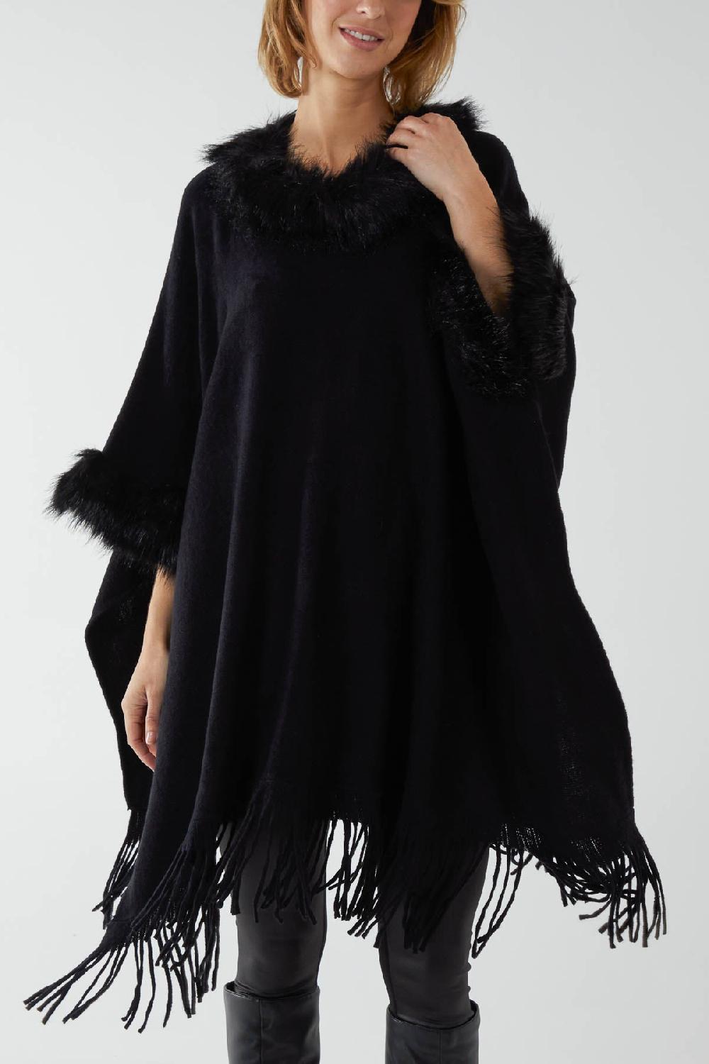 Qed London Faux Fur Lined Tassel Hem Poncho