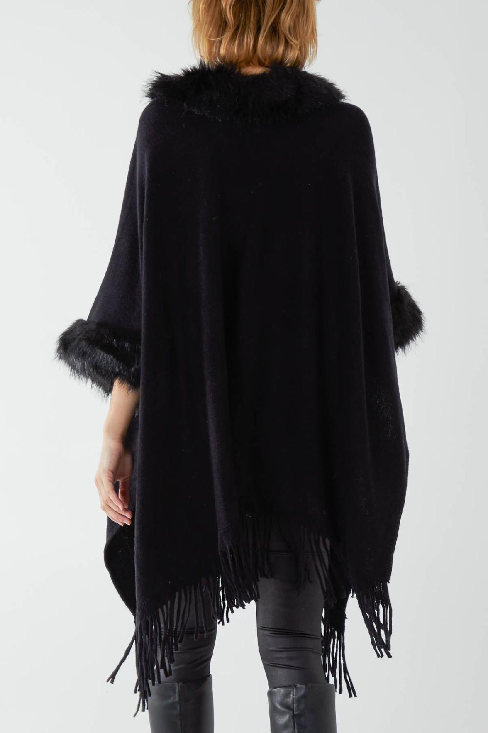 Qed London Faux Fur Lined Tassel Hem Poncho