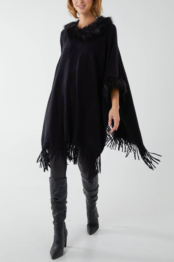 qed london Faux Fur Lined Tassel Hem Poncho