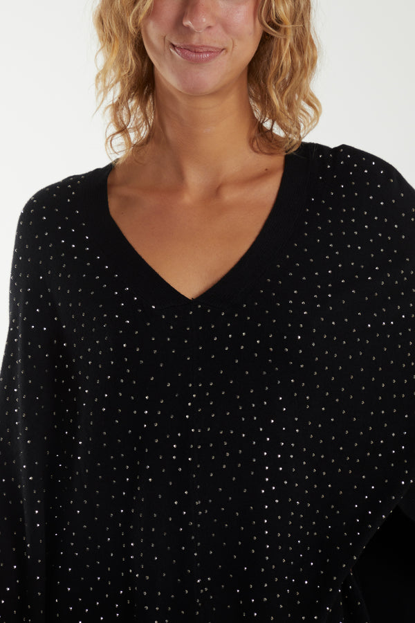 Qed London Faux Fur Pom Pom Detail Diamante Poncho