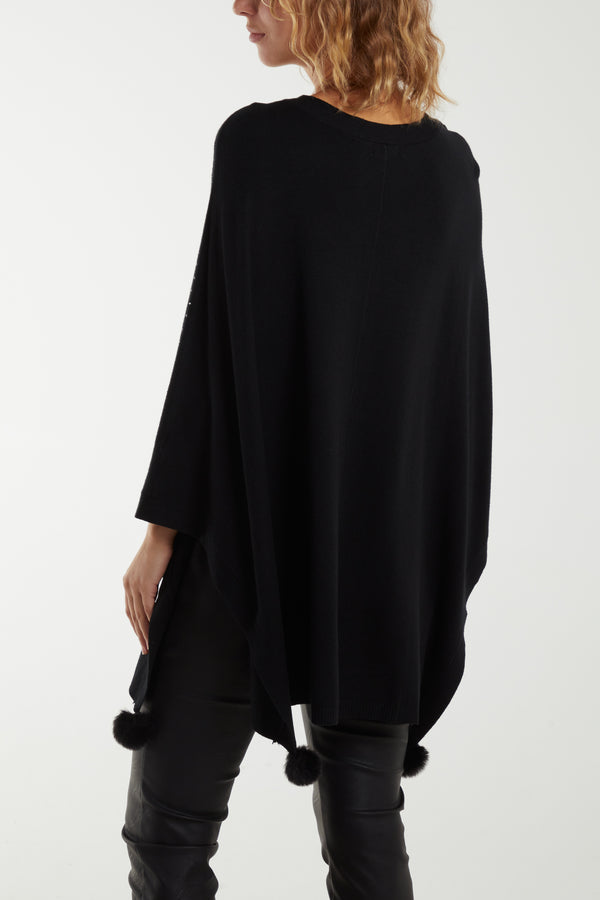 Qed London Faux Fur Pom Pom Detail Diamante Poncho