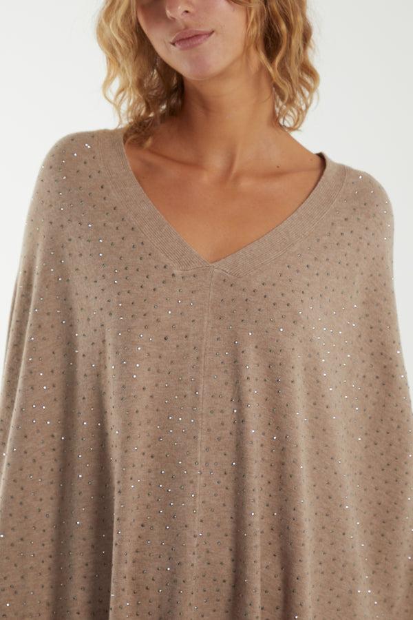 Qed London Faux Fur Pom Pom Detail Diamante Poncho