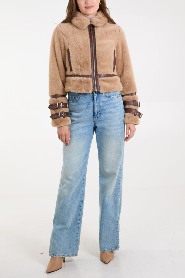 Qed London Faux Fur Pu Buckle Detail Coat