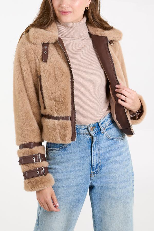 qed london Faux Fur Pu Buckle Detail Coat