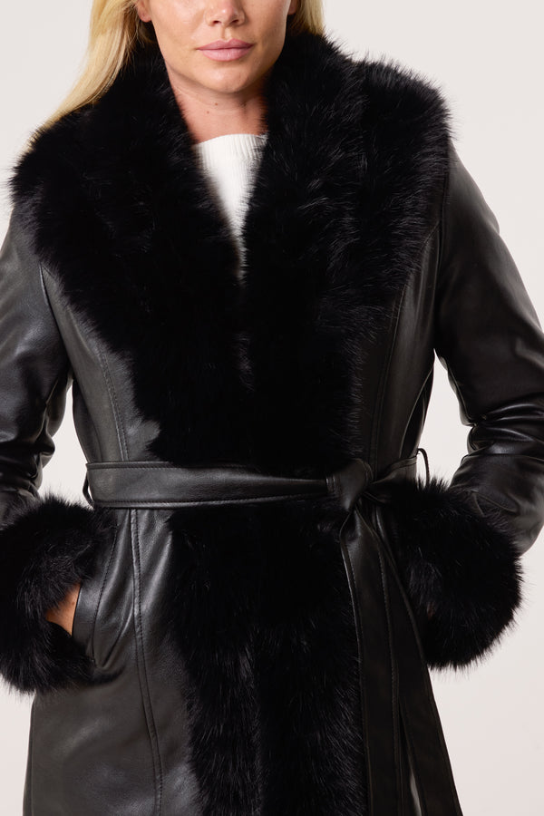 Qed London Faux Fur Trim PU Leather Long Coat