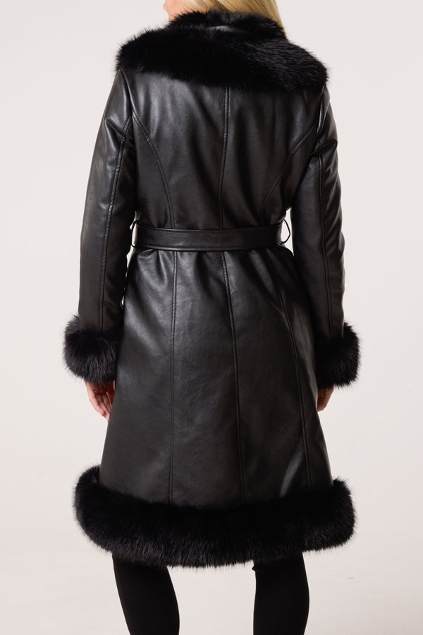 Qed London Faux Fur Trim PU Leather Long Coat