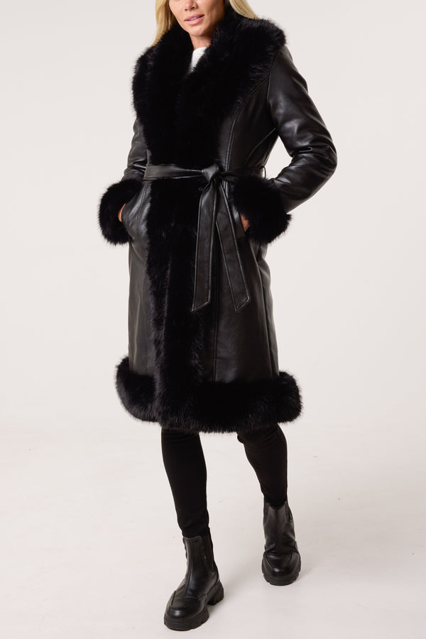 qed london Faux Fur Trim PU Leather Long Coat