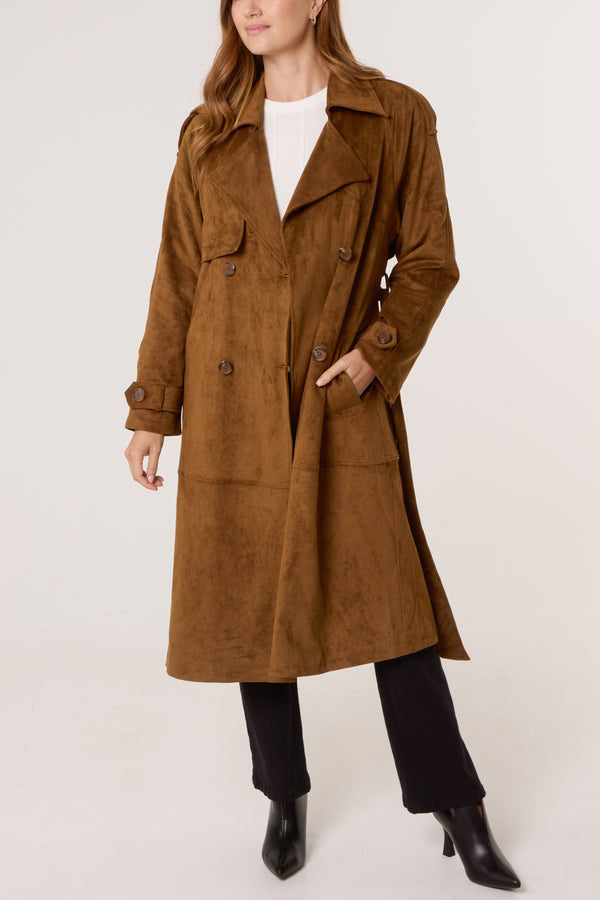 Qed London Faux Suede Belted Trench Coat