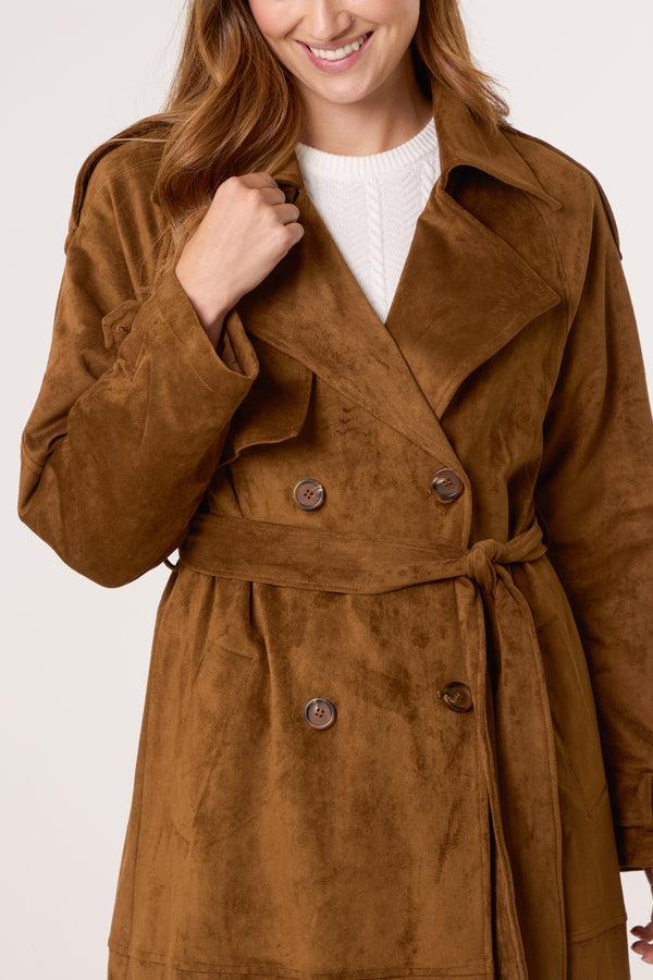 Qed London Faux Suede Belted Trench Coat
