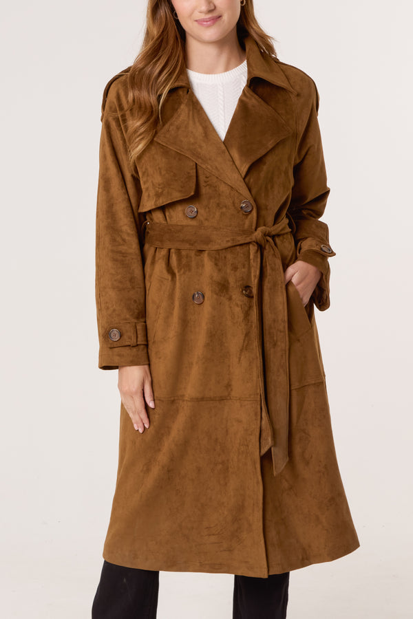 qed london Faux Suede Belted Trench Coat