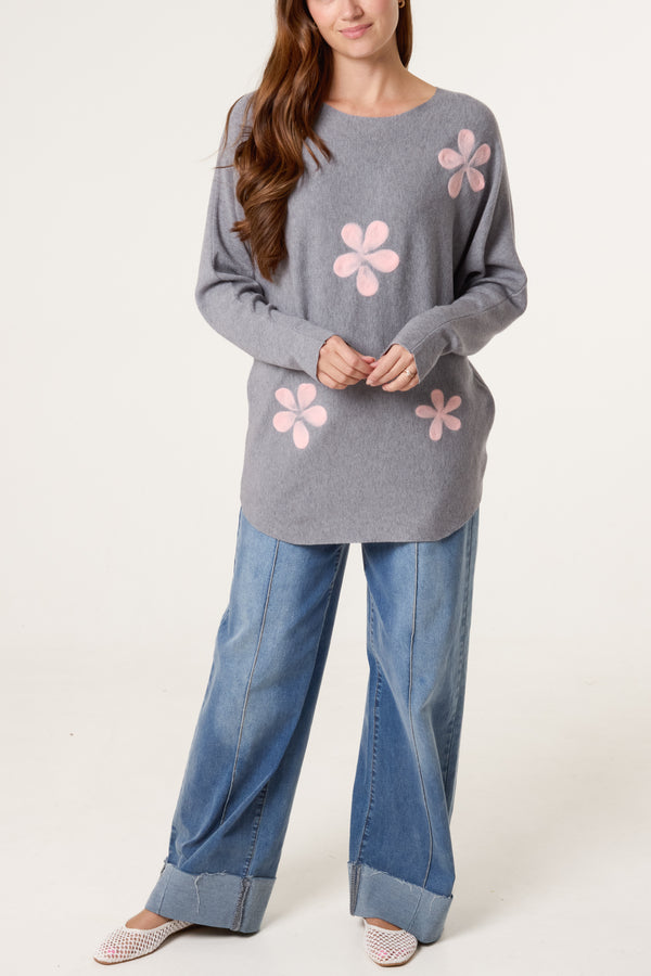 Qed London Fine Knit Flower Batwing Jumper