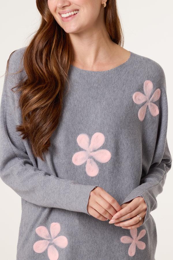 Qed London Fine Knit Flower Batwing Jumper