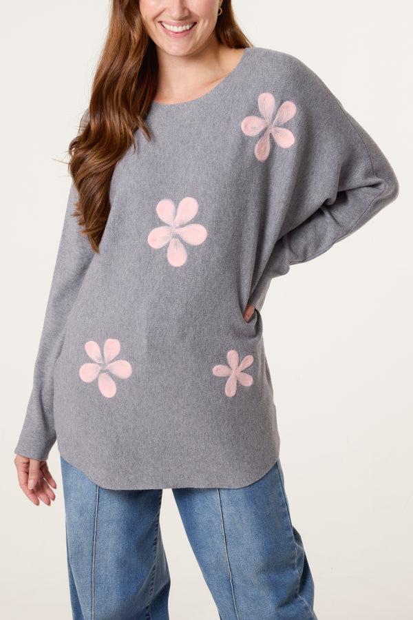 qed london Fine Knit Flower Batwing Jumper