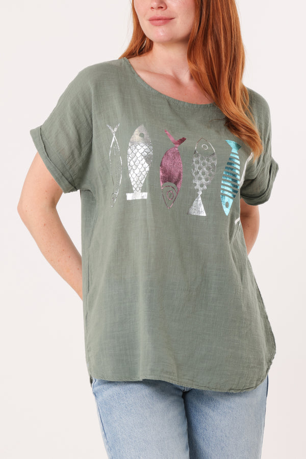 Qed London Fish Iridescent Print Cotton Top