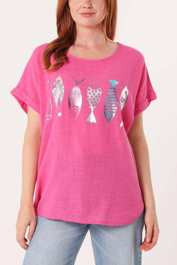 qed london Fish Iridescent Print Cotton Top