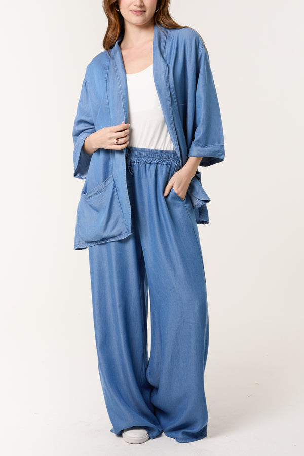 Qed London Floaty Denim Pockets Kimono Jacket