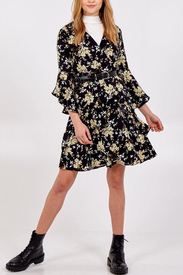Qed London Floral 3/4 Sleeve Tiered Dress