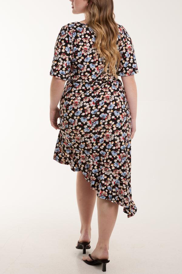 Qed London Floral Asymmetric Frill Hem Midi Dress