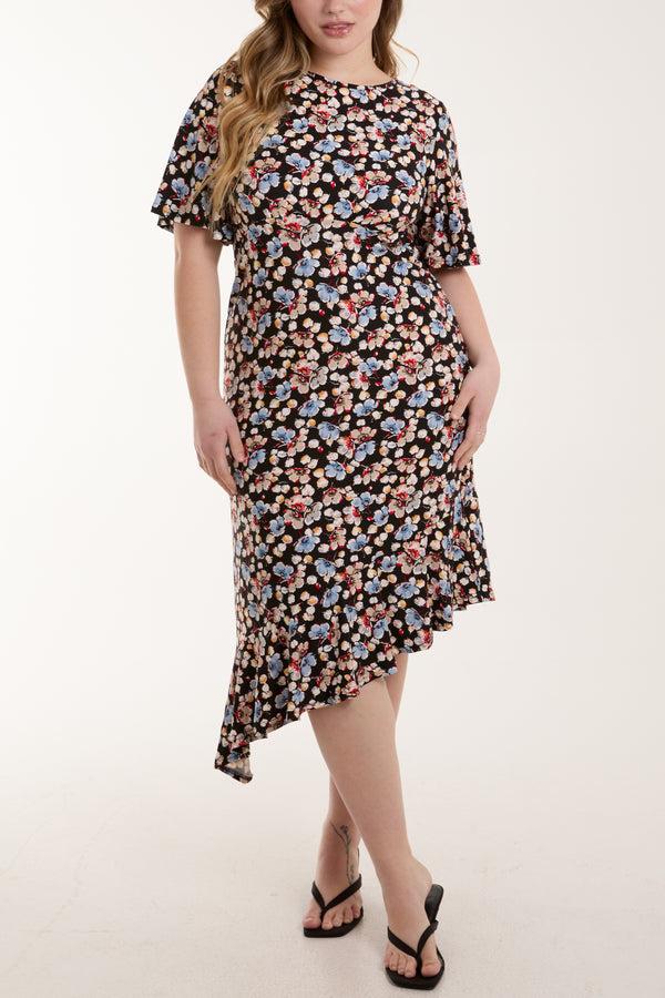 qed london Floral Asymmetric Frill Hem Midi Dress