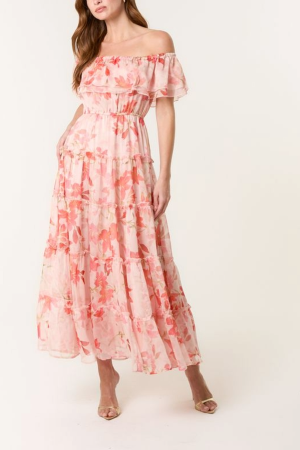 Qed London Floral Bardot Frill Maxi Dress