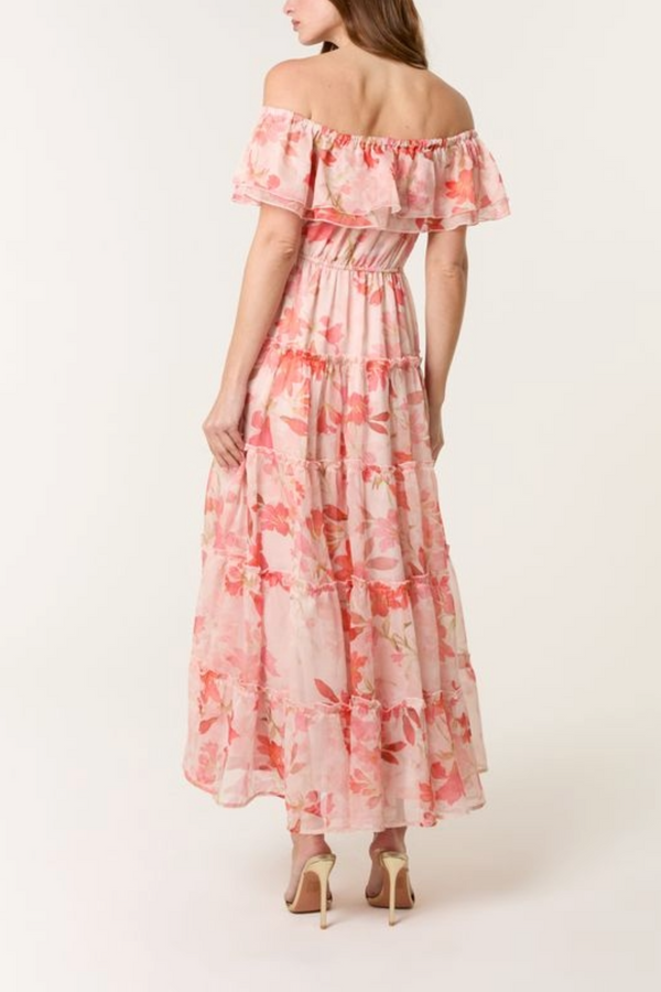 Qed London Floral Bardot Frill Maxi Dress