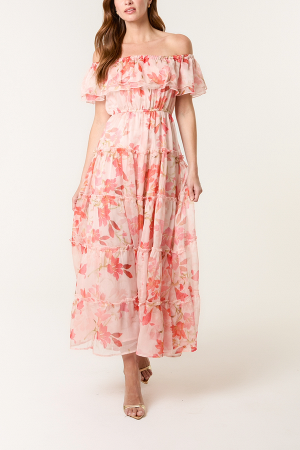 qed london Floral Bardot Frill Maxi Dress