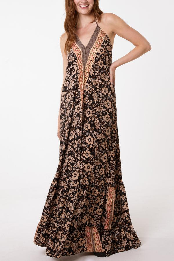 qed london Floral & Border Halterneck Art Silk Dress