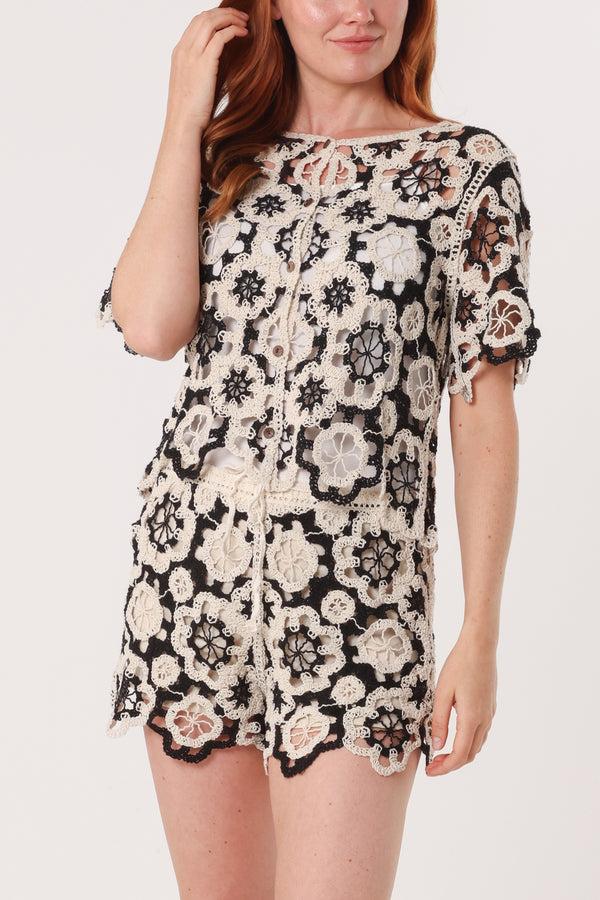 qed london Floral Crochet Top & Shorts Set