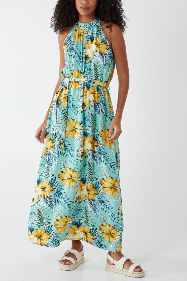 Qed London Floral Cut Away Sleeve Maxi Dress