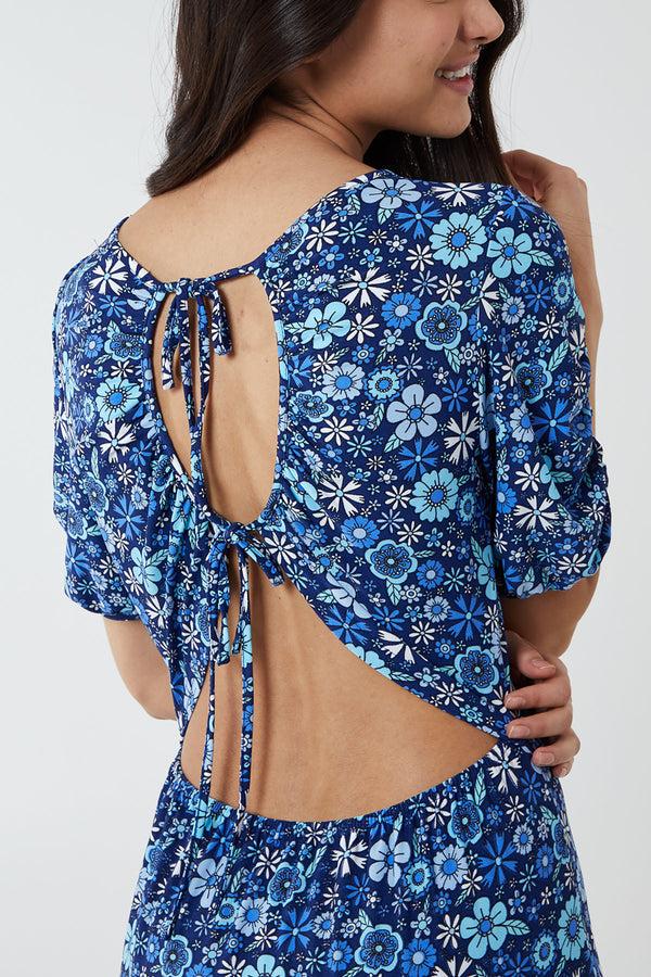 Qed London Floral Double Tie Cut Out Crepe Dress