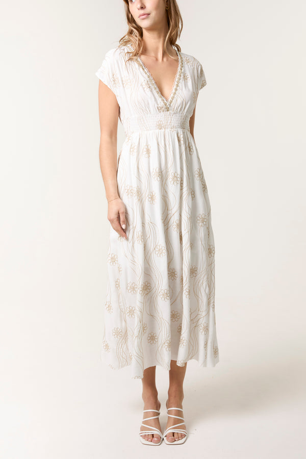 Qed London Floral Embroidery Shirred V-Neck Dress