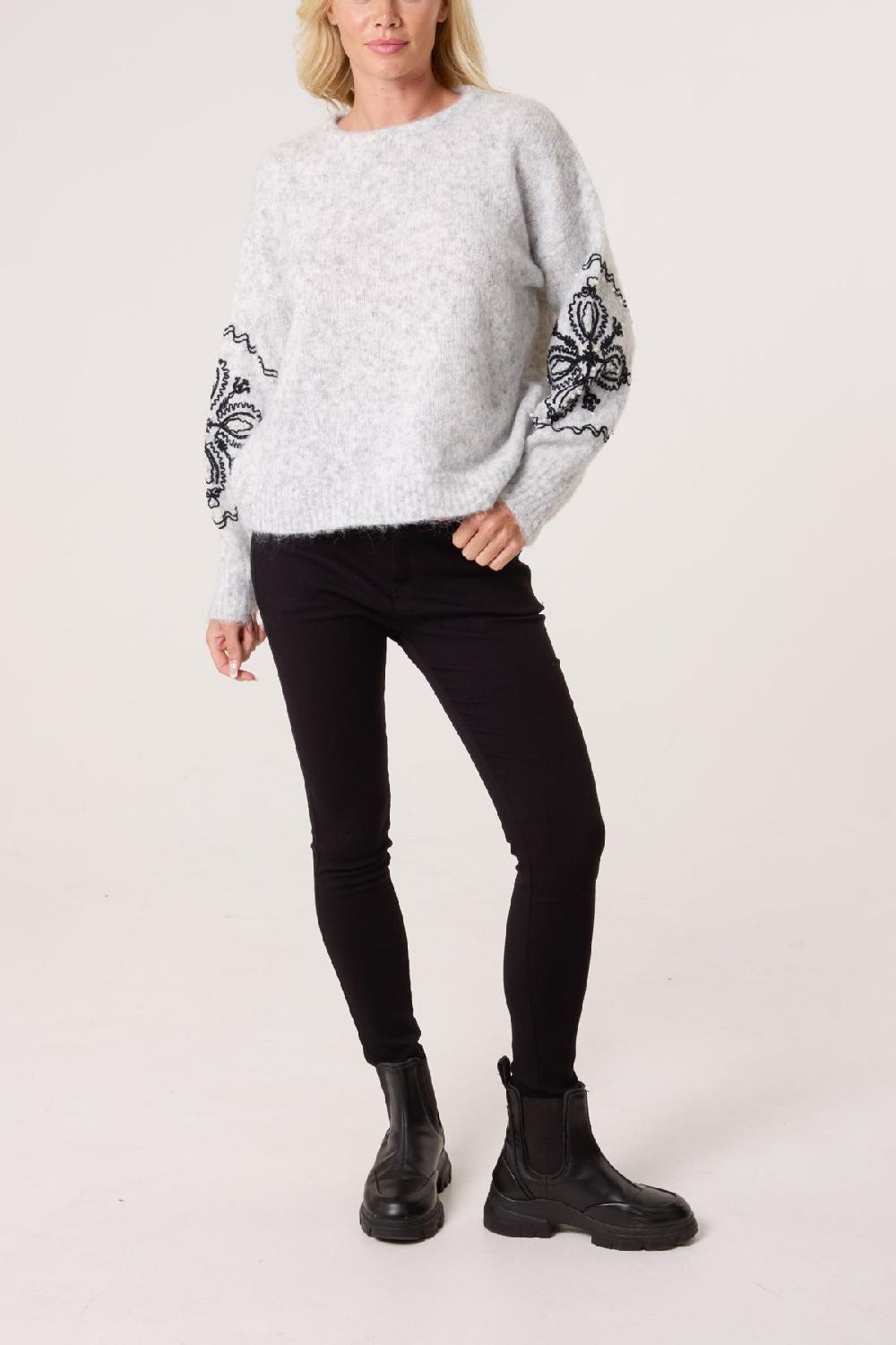 Qed London Floral Embroidery Sleeve Knit Jumper