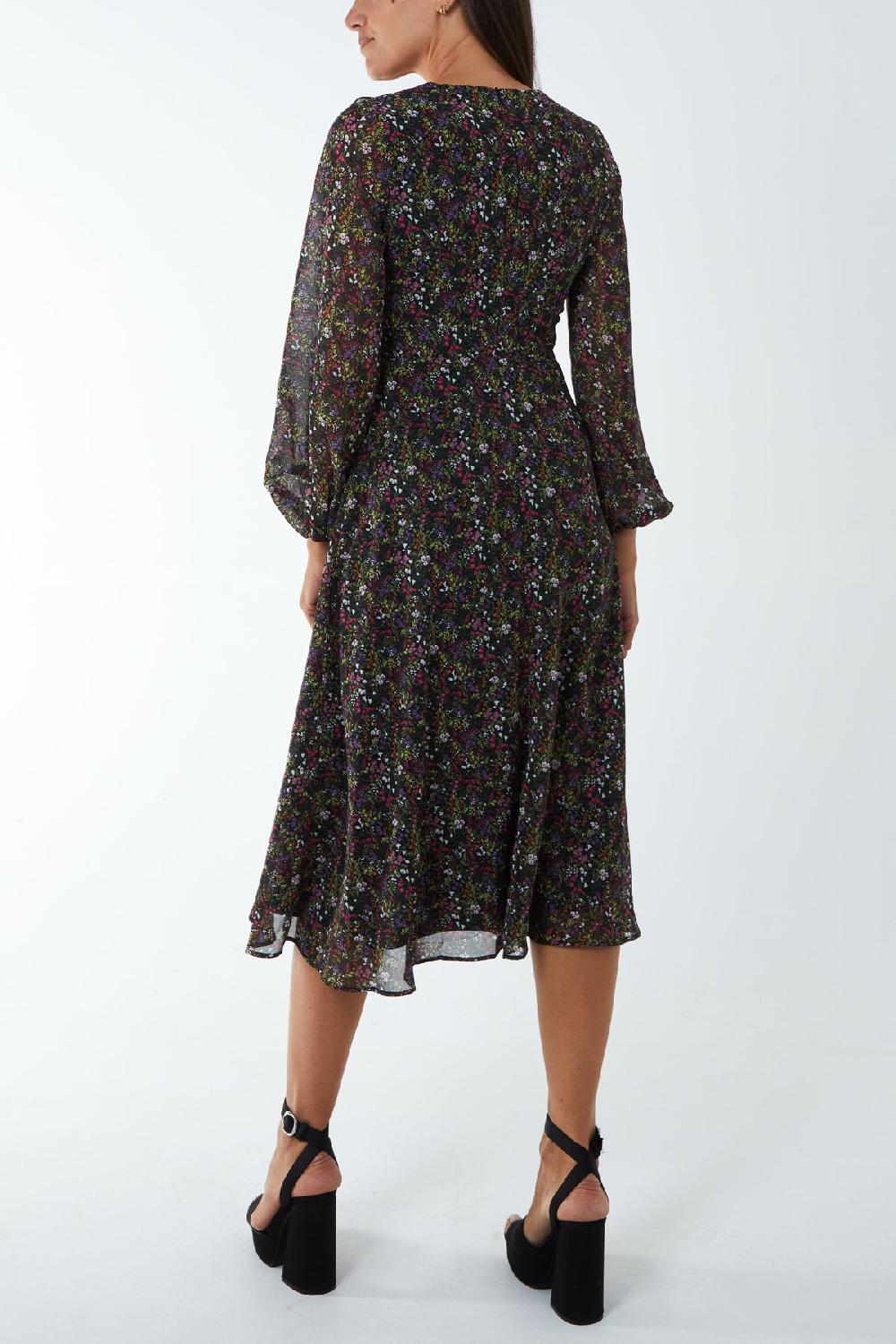 Qed London Floral Frill Detail Sheer Midi Dress