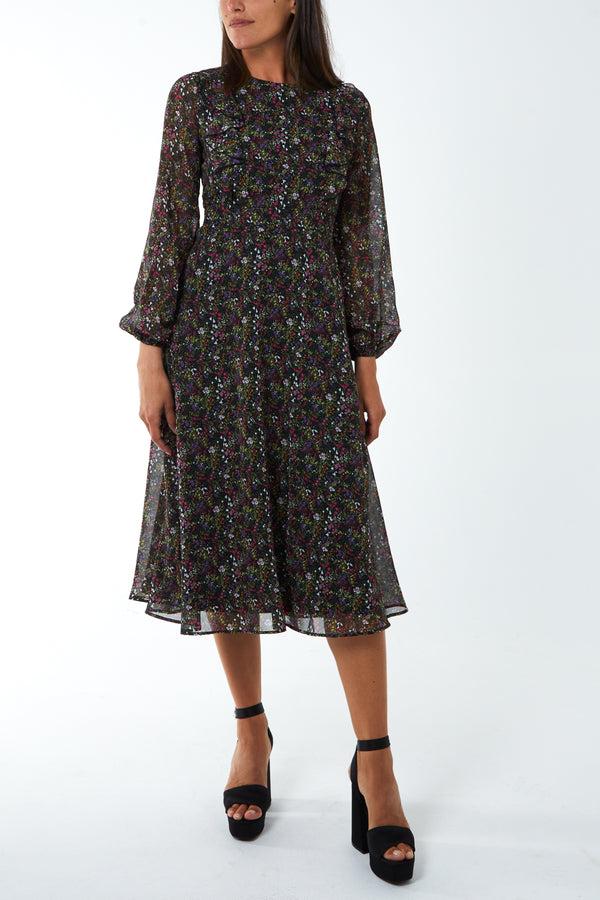 qed london Floral Frill Detail Sheer Midi Dress