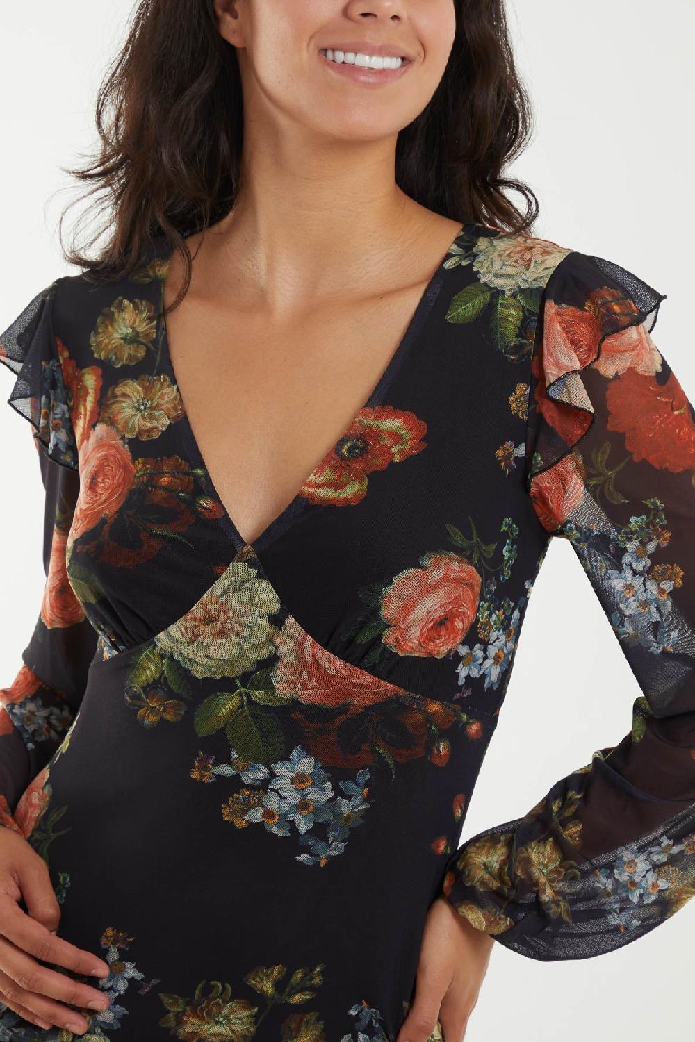 Qed London Floral Godet Hem Frill Midi Dress