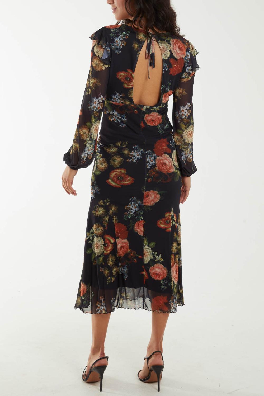 Qed London Floral Godet Hem Frill Midi Dress