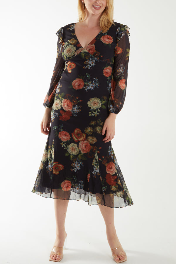 Qed London Floral Godet Hem Frill Midi Dress