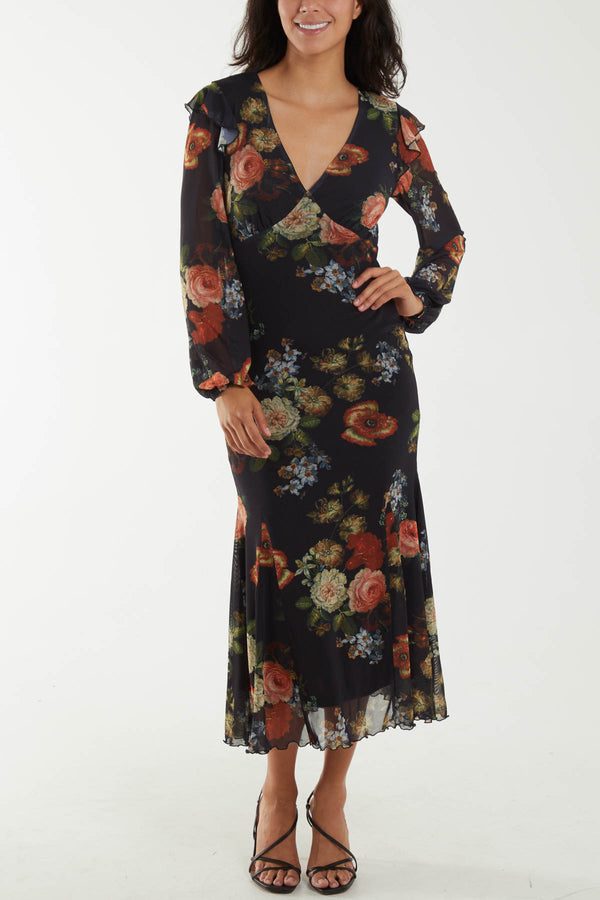 qed london Floral Godet Hem Frill Midi Dress