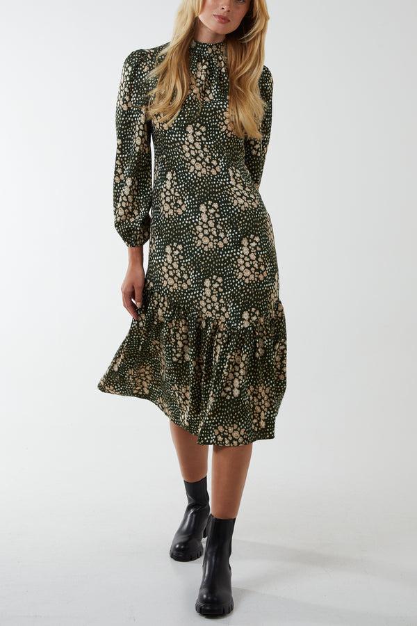 qed london Floral High Neck Tie Back Midi Dress